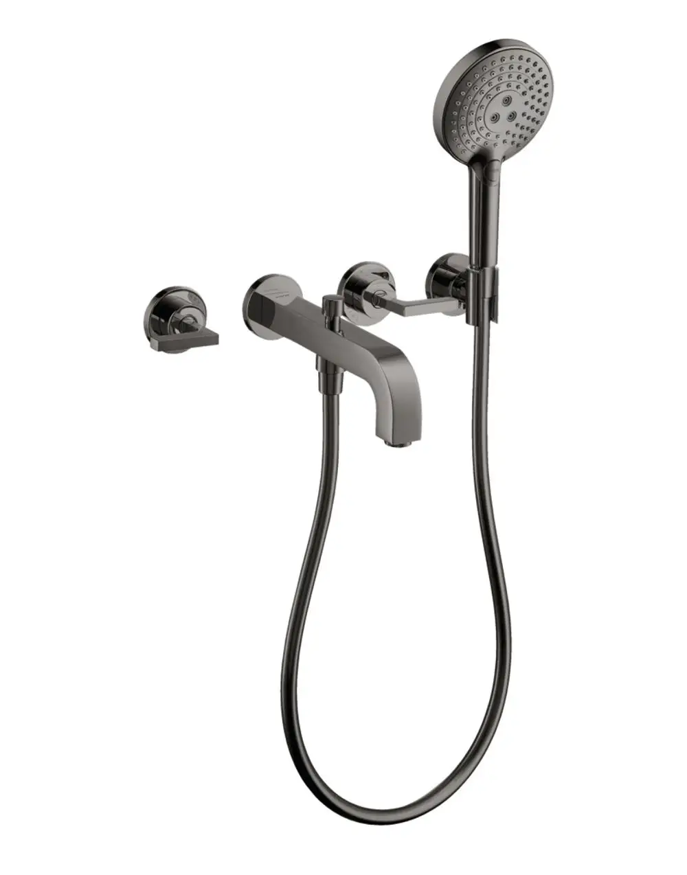 AXOR Wannenarmatur für Wandmontage in Polished Black Chrome, bestehend aus drei Teilen mit zwei Hebelgriffen und Handbrause.